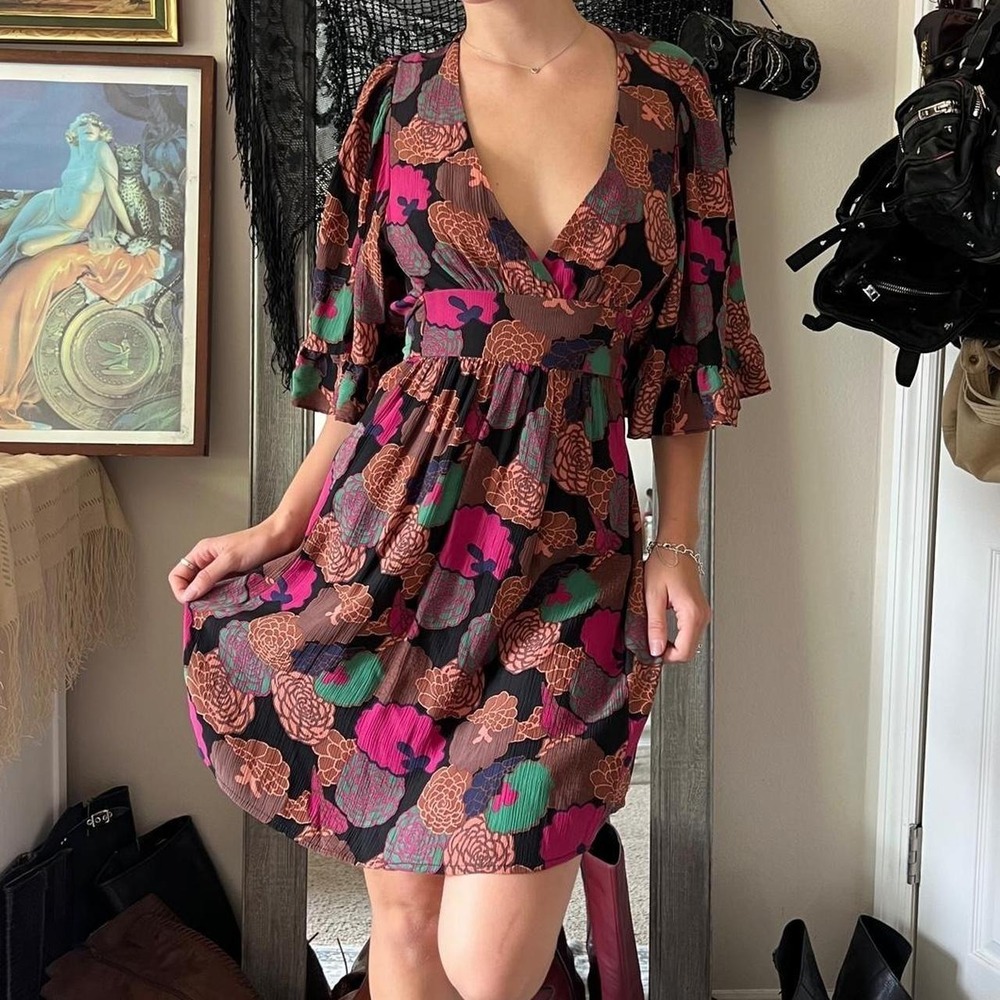 Betsey Johnson Vintage 90s Floral Mini Dress Pink Brown Plunging Neck Size 2